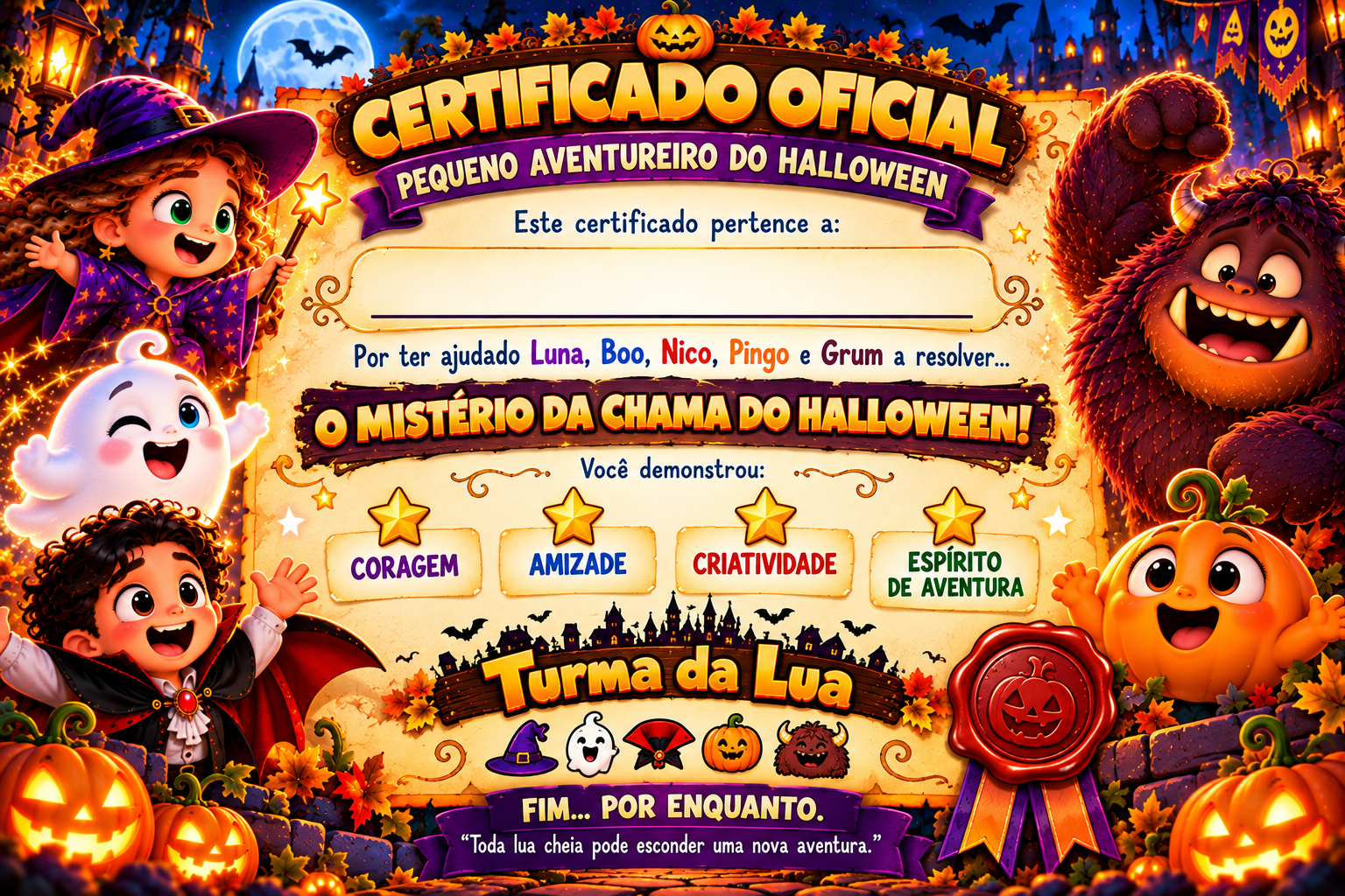 Certificado de conclusão do livro 1: O Mistério da Chama do Halloween