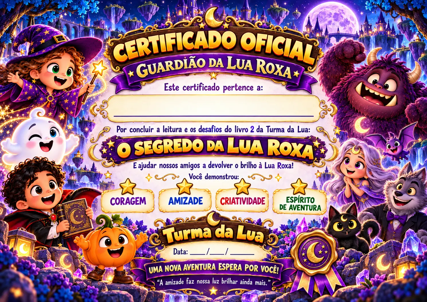 Certificado de conclusão do livro 2: O Segredo da Lua Roxa